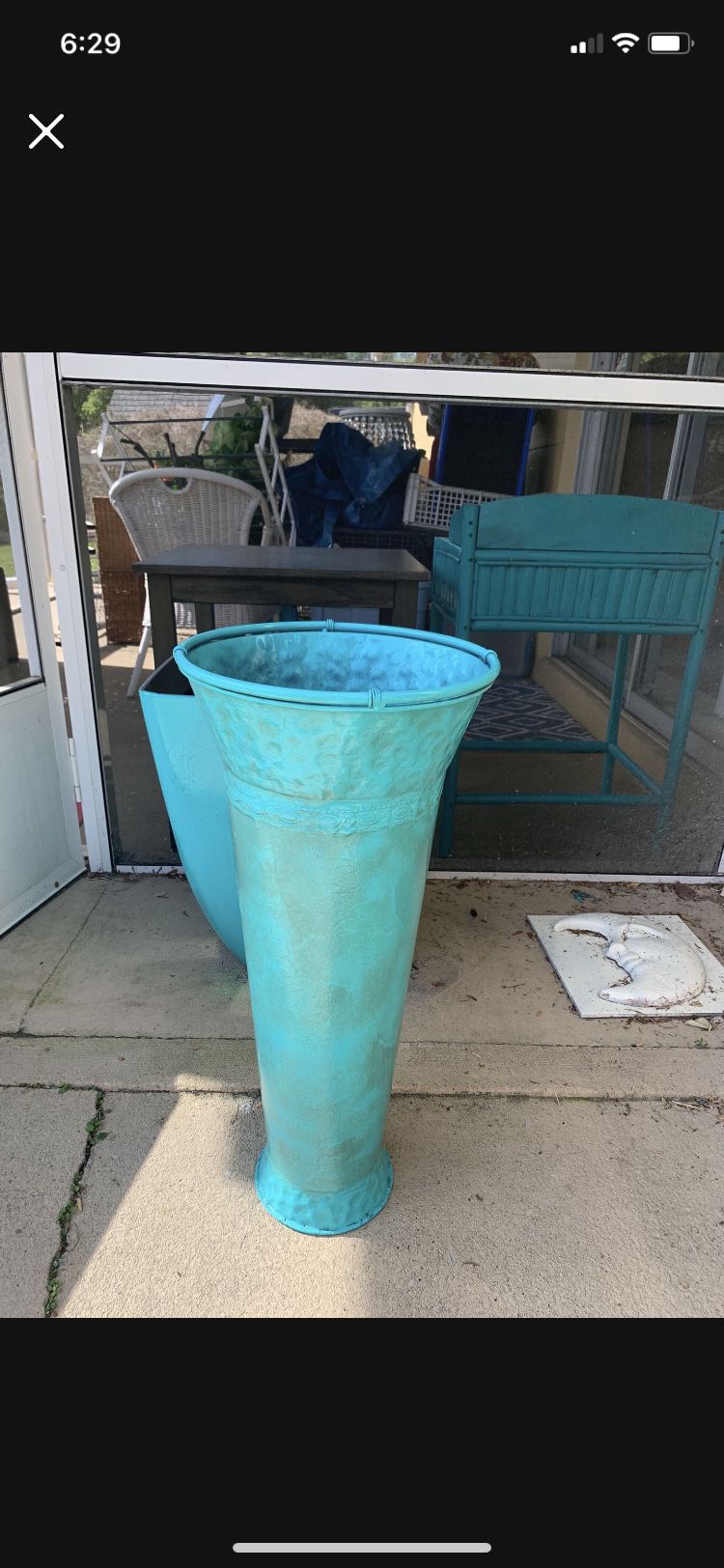 Turquoise metal vase for entryways, and flowers 2 Ft H