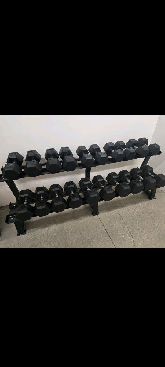 RUBBER HEX DUMBBELLS SET:
  55lb - 100lb. WITH THE RACK.
