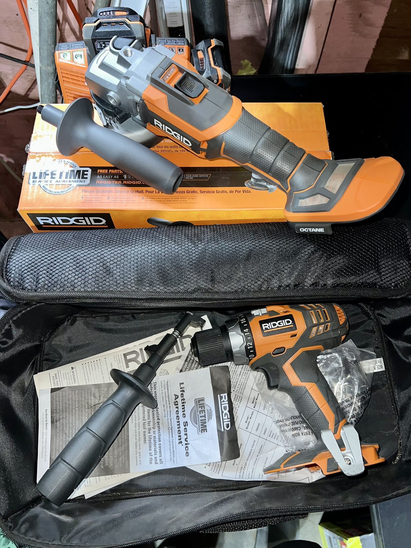 Ridgid Combo Set- Angle Grinder, With Drill, Charger 2x Batteries