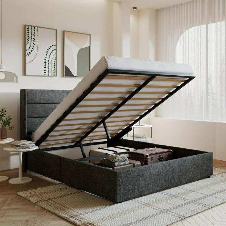 Queen Size Upholstered Lift up Storage Platform Bed Frame with Fabric Panel Wingback Headboard, Dark Gray