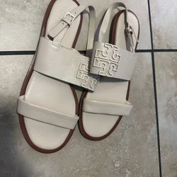 Tory Burch Melinda White Slingback Leather Strappy Flat Open Toe Sandals