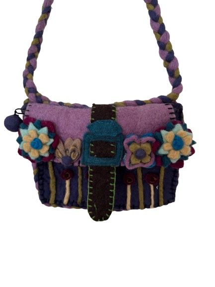 Rising Tide Woman’s Blue 100% Wool Shoulder Purse with Flower and Pompom Details