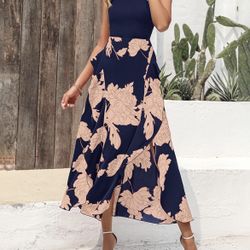 Small Pink And Navy Midi Dress