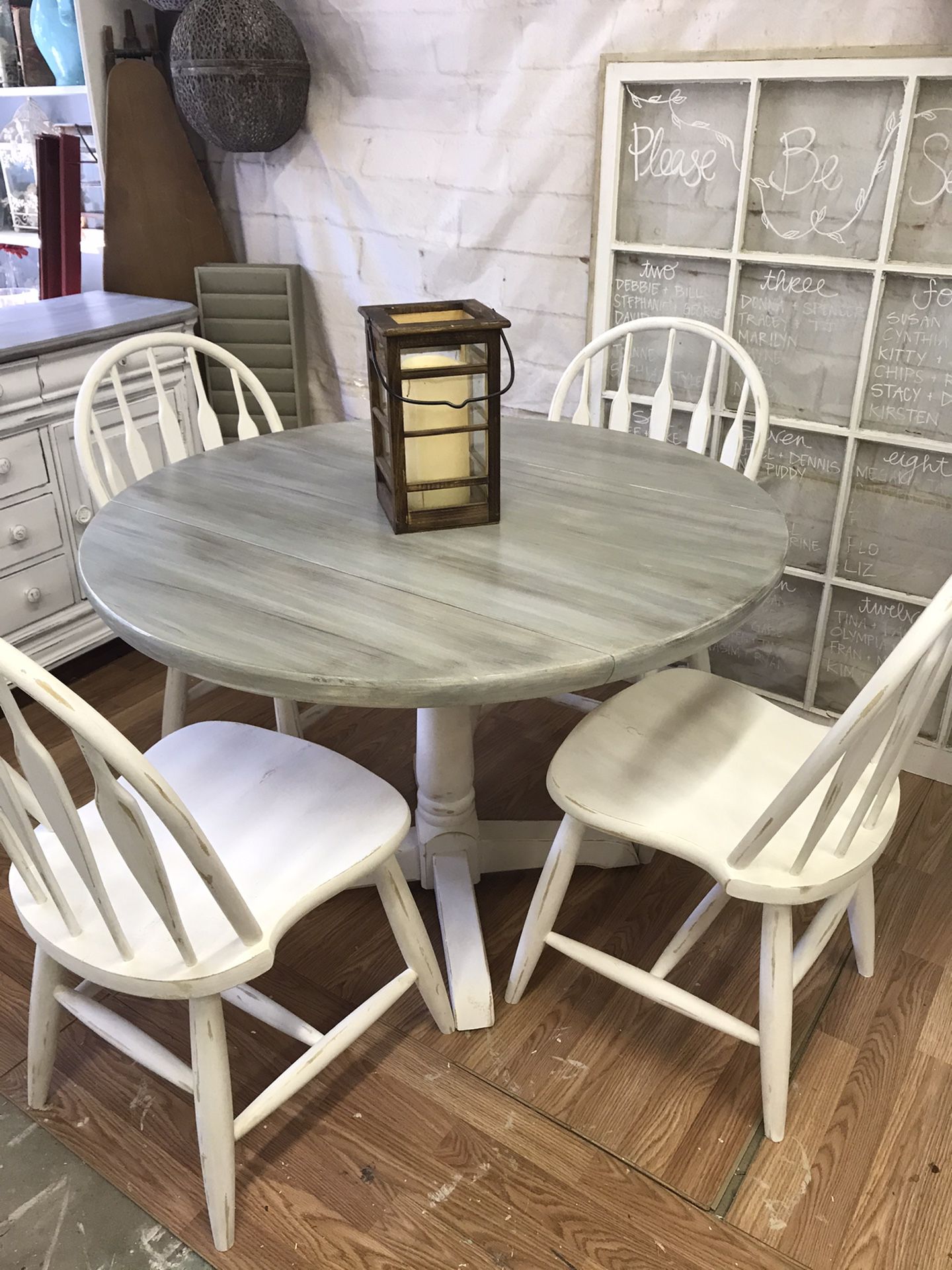 Upcycled 41 1/2” round drop leaf table & 4 chairs