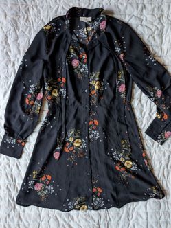 LOFT Black Floral Button-Down Shirt Dress