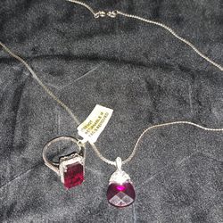 Silver Ruby Red Ring And Pendant 