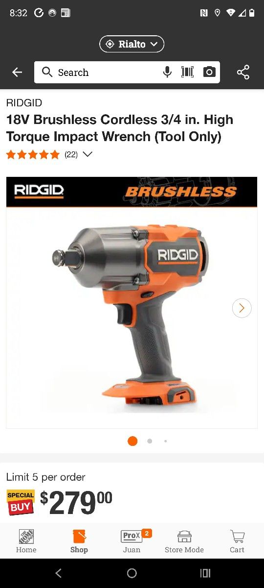 Ridgid 3/4 High Torque Impact Wrench Tool Only 1300 Lbs