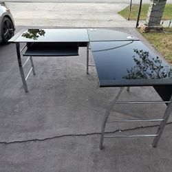 L-Shaped black tempered glass desk with metal frame read description for details LIKE NEW 