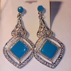 Brand New Silver Is Turquoise Enamel Earrings