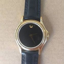 Ladies MOVADO MUSEUM 28mm SS Gold Watch, Black Leather Band! Working!