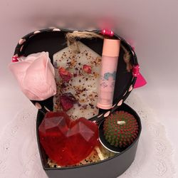 MOTHER’S DAY GIFT HEART BOX  SET with SOAP ROSE, CANDLE, LIP BULM