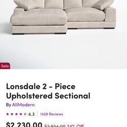 2 Piece Upholstered Sectional - Cream 