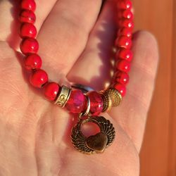 Valentines Red Dyed Howlite Bead Stretch Bracelet Winged Heart Charm