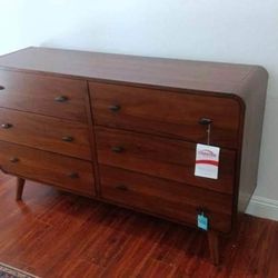 New Mid Century Dresser With Rounded Corners.  Pine Wood/Walnut Finish.  190 Lbs.  61”x17”Dx36”H.  Free Delivery!
