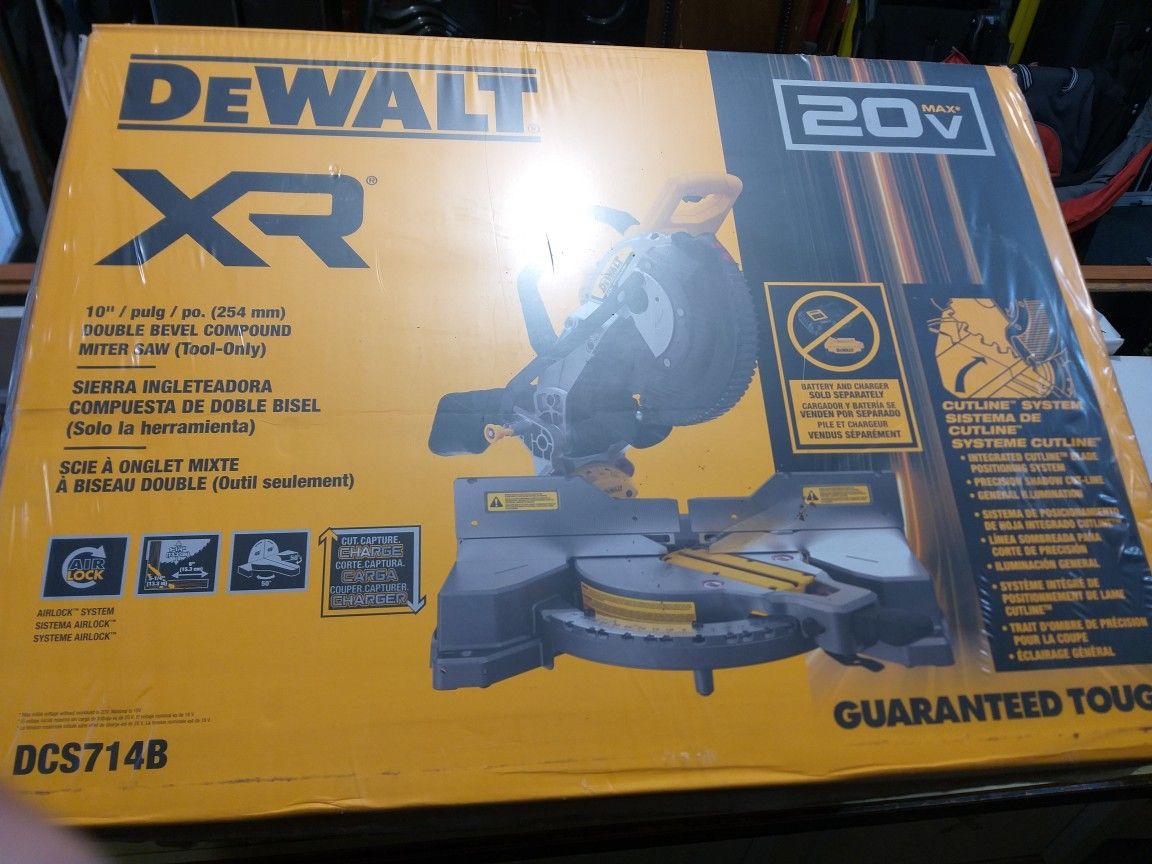 BRAND NEW IN THE BOX DEWALT 20V MAX XR 10 INCH DOUBLE BEVEL FIXED MITER SAW TOOL ONLY