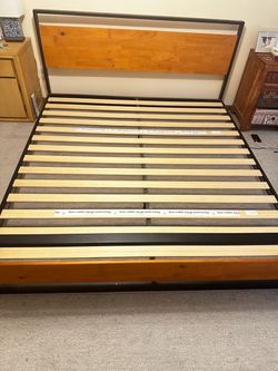 King Size Metal & Wood Platform Bed Frame with Headboard & Footboard