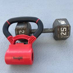 One 25LB dumbbell, and Kettle Grip Handle to Convert Dumbbells into Kettlebells (if It’s Posted It’s Available)