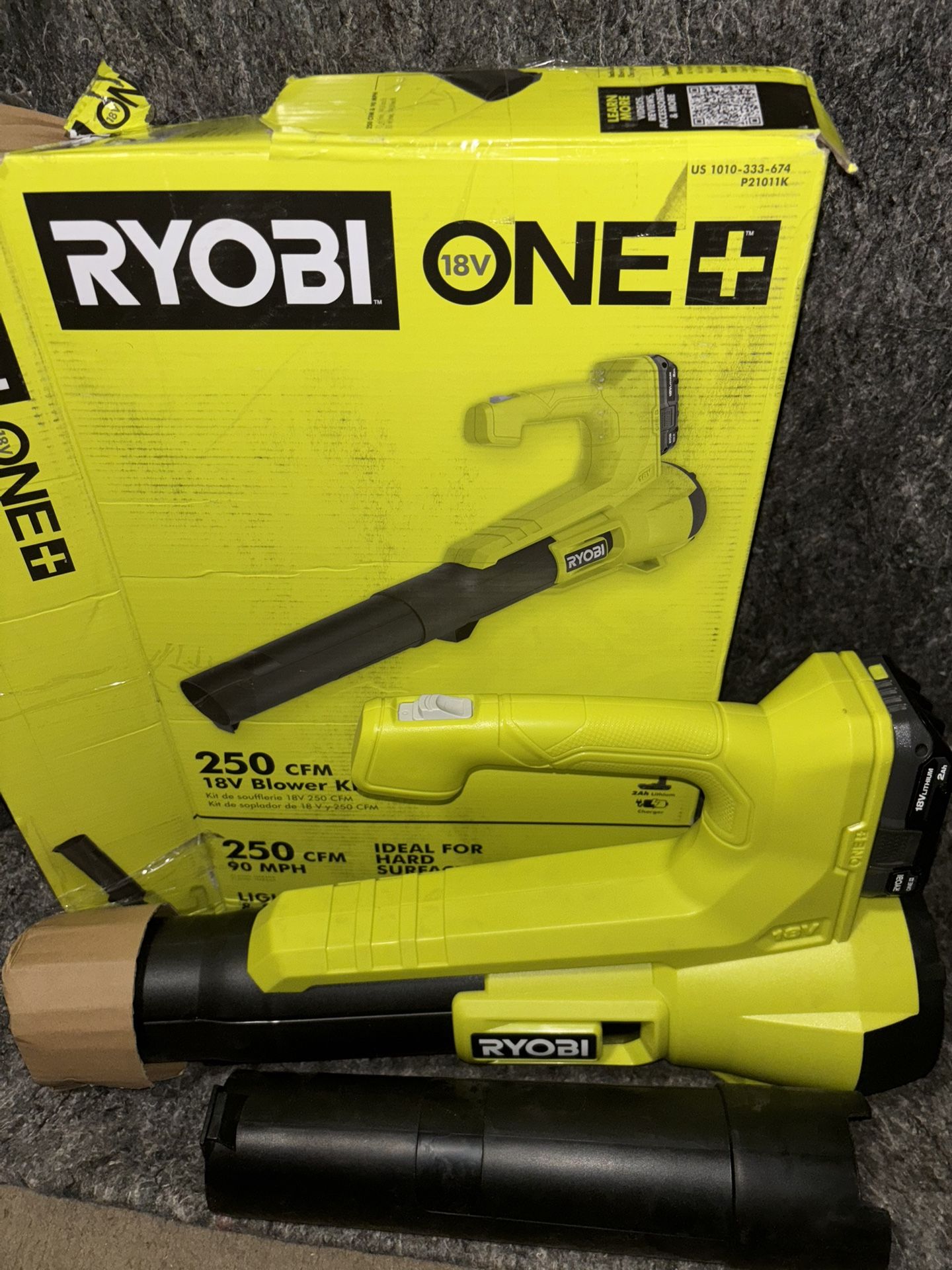 RYOBI ONE+ 18V 90 MPH 250 CFM Cordless Battery Leaf Blower/Sweeper with 2.0 Ah Battery and Charger
