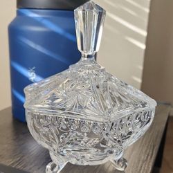 Vintage Irena Candy Dish W/Lid Lead Crystal  Footed Etched Poland
