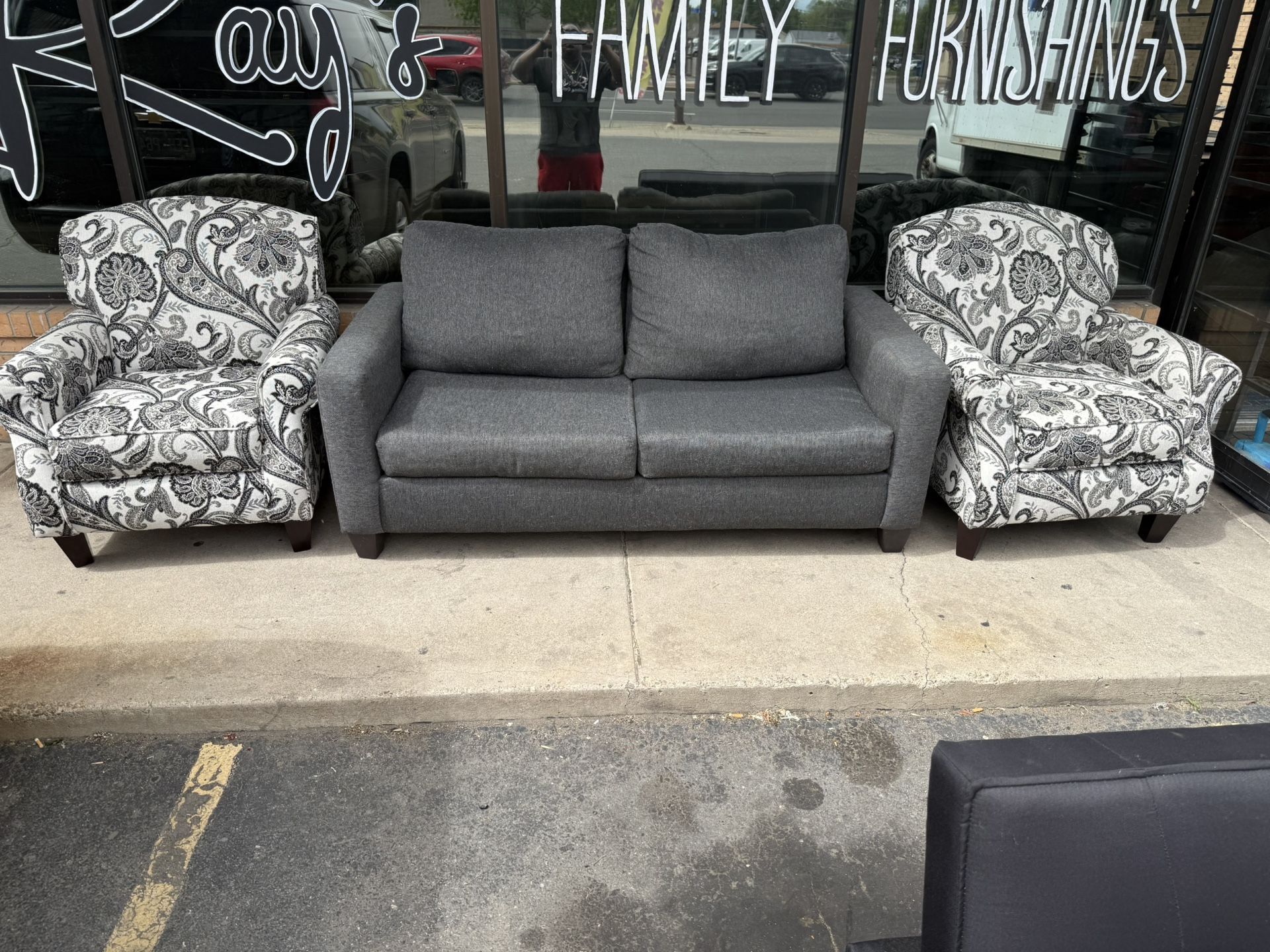 Sleeper Sofa, Loveseat, And Two Paisley Chairs