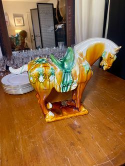 Vintage Chinese Tang Dynasty Style War Horse Glazed Ceramic Figurine good condition as is 17x18"