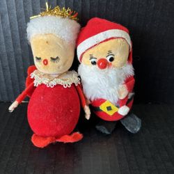 Vintage 1960’s Flocked Felt Santa And Mrs Claus Figurines Made In Japan
