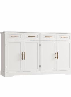 HOSTACK 60" W Sideboard Buffet Cabinet with Storage, Kitchen Cabinet, White  36 Tall Kitchen Buffet Storage Cabinet with 4 Drawer, Large Coffee Bar Ca