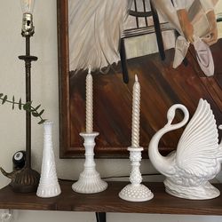 Set of milk glass white mcm vintage candle holders and vase