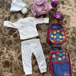 American girl Bitty Baby Outfit, Luggage Set, Backpack And Juice Boxes