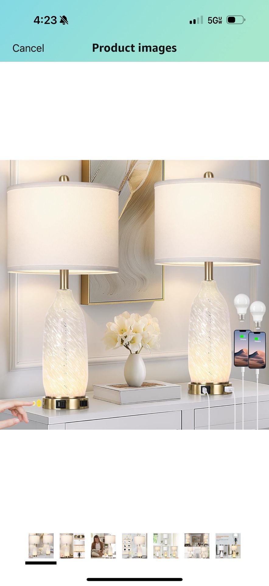 26" Modern Clear Glass Table Lamps Set of 2,Nightstand Lamp with USB A+C Ports & AC Outlet,Bedside Lamps with 3-Way Dimmable Touch Control Night Light