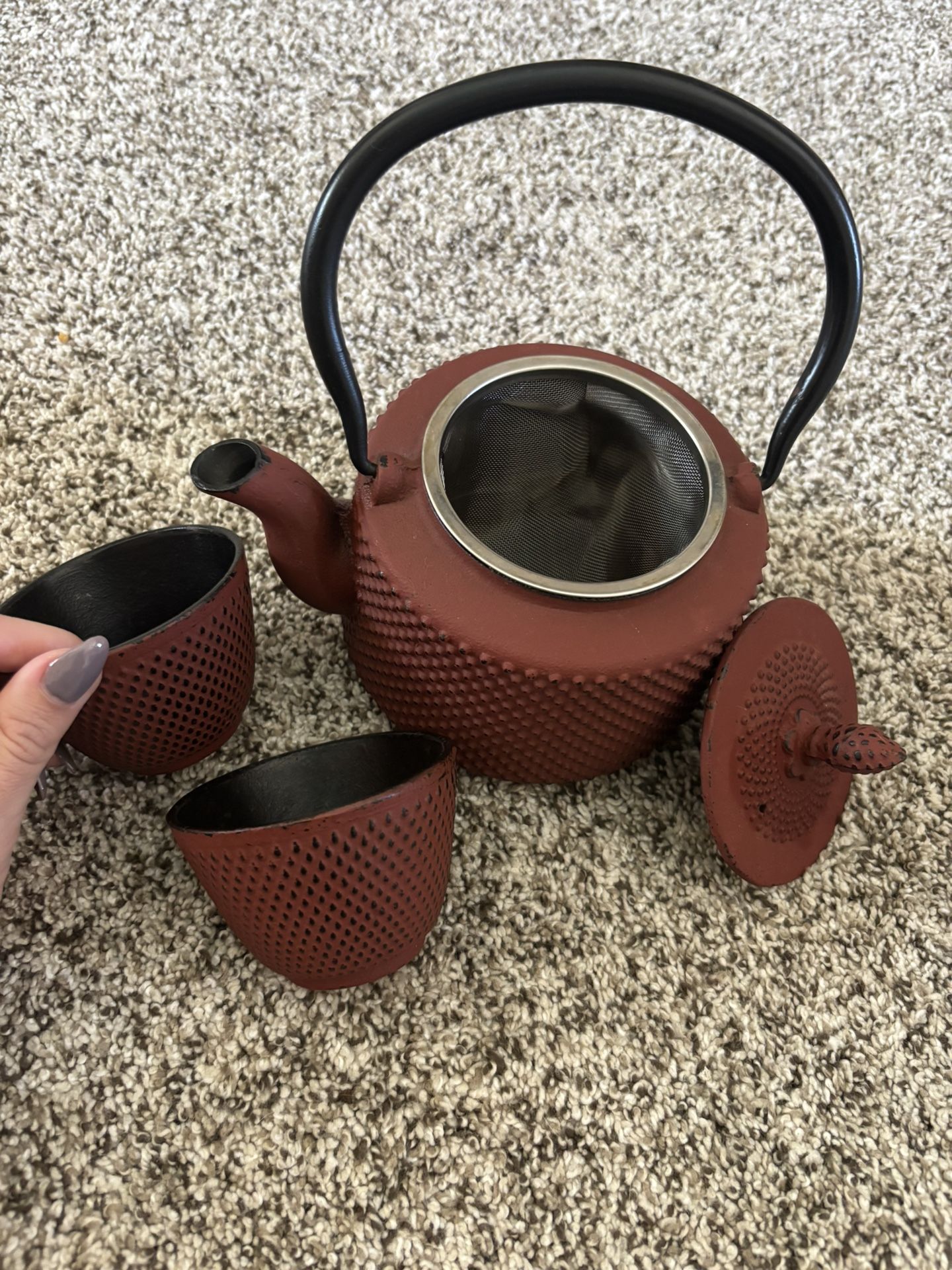 Vintage Japanese Cast Iron Tea Pot, Cups, And Strainer