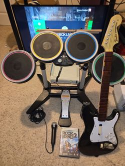 Xbox 360 Rock Band Full Kit Complete – Guitar Drums Mic + Console + Games