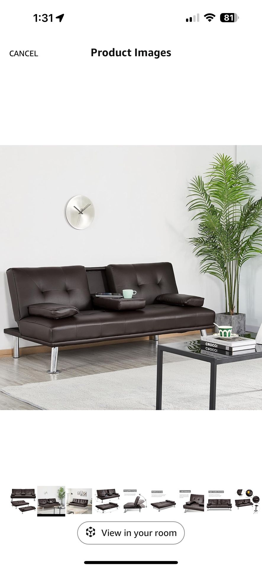 Couch / Futon Black with Armrest And Cup Holders