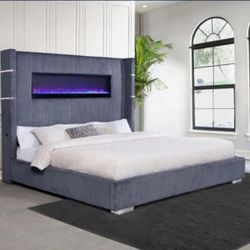 UPHOLSTERY LED FIREPLACE PLATFORM BED BRAND NEW IN BOX