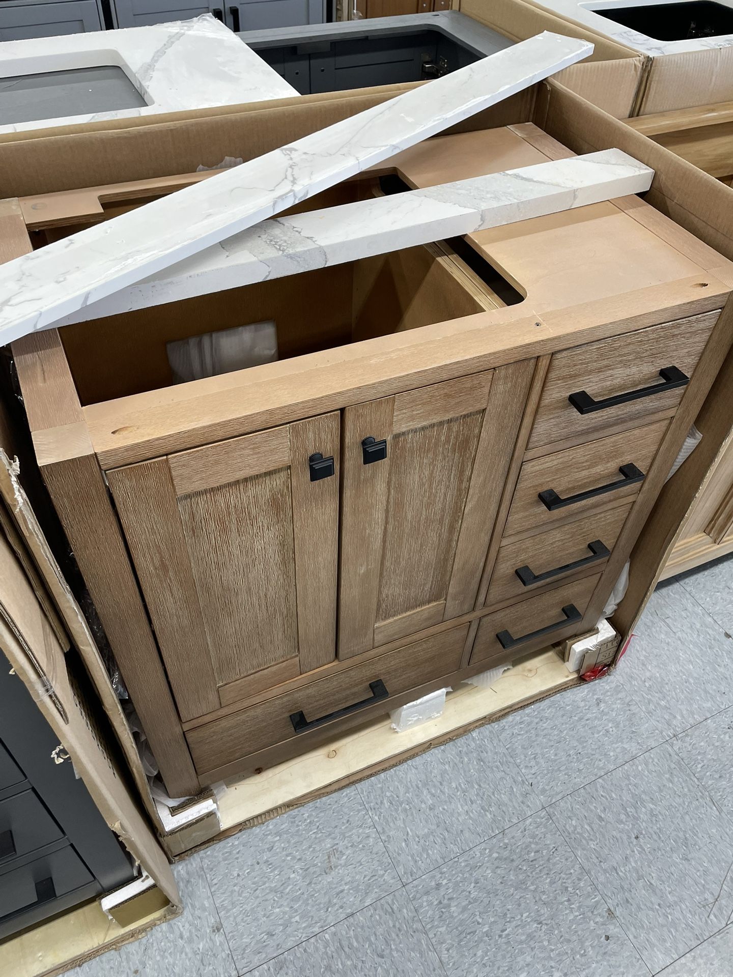 Bathroom vanity cabinet 36” solid Teak Quartz top with sink and backsplash