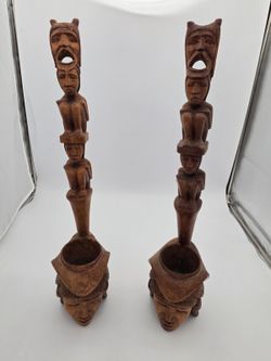 Vintage Pair Hand Carved Wood Figural Pipes African Tribal Style Folk Art 27"
