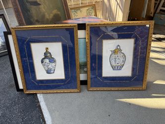 Pair of Framed Blue and White Ceramic Art Prints