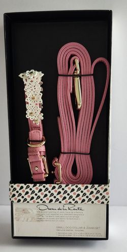 NIB Oscar De La Renta Pink Leather Small Dog Collar + Leash Set