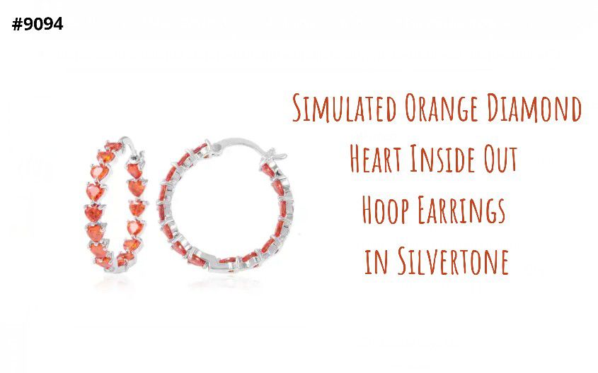 Simulated Orange Diamond Hearts Hoop Earrings, 