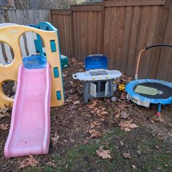 Outdoor Toys- Climbing Slide, Grill, And Trampoline