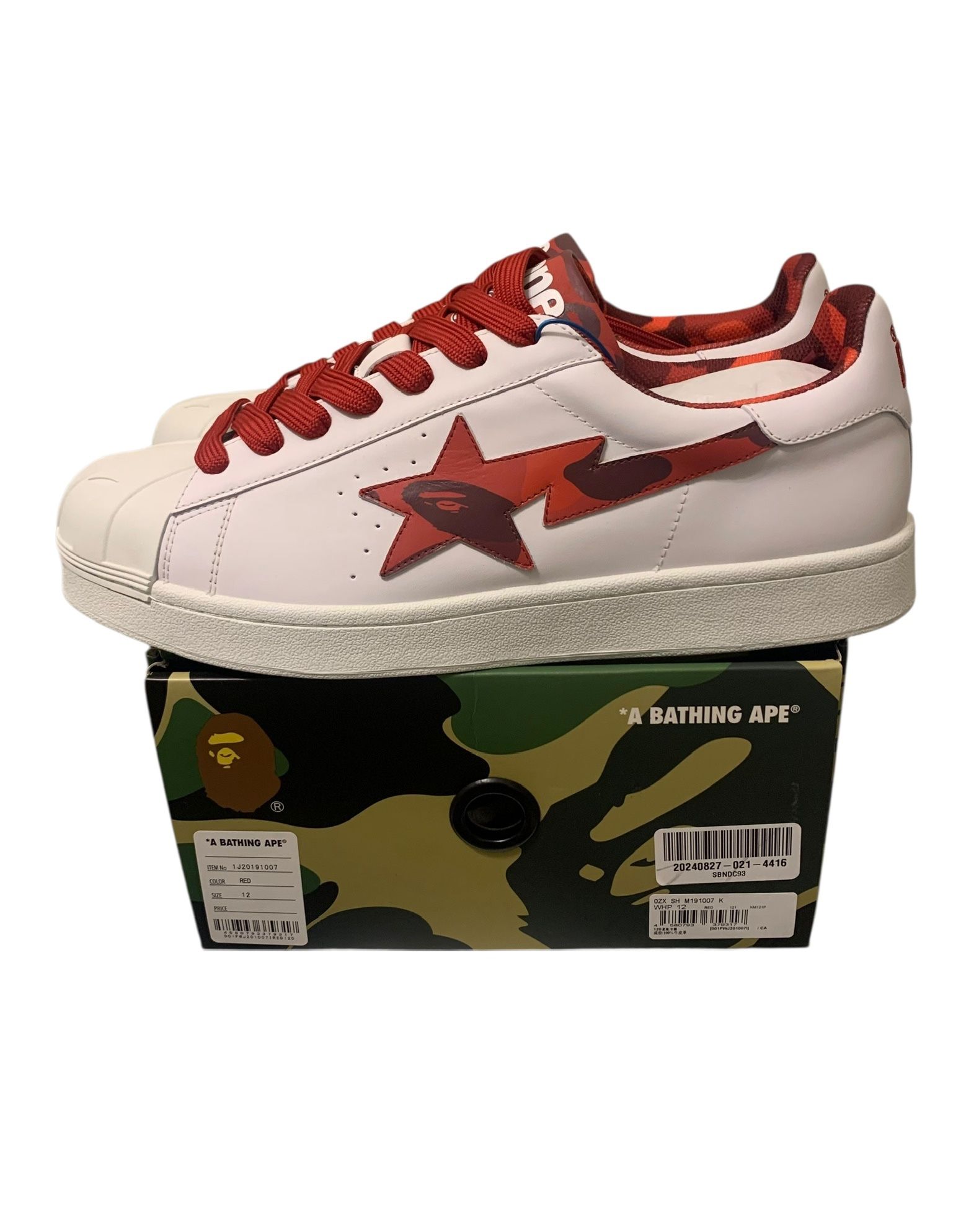 A Bathing Ape BAPE Skull Sta White And Red Sneakers Size 12 New In Bow