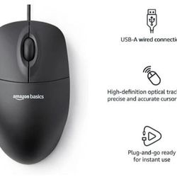 Amazon Basics 3-Button Wired USB Computer Mouse, Single Black, Brand New!!