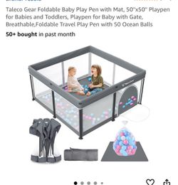 Foldable Baby Playpen for Babies and Toddlers,50x50 Inch Portable Play Yard Collapsible Play Pen with Mat, Visible Mesh, 50 Ocean Balls, Indoor/Outdoo