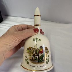 Vintage Souvenir Bell of Ireland 4 Leaf Clovers & Spinning Wheel 6.5” Tall