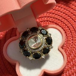 New | Indian Luxury Kundan Black Adjustable Ring