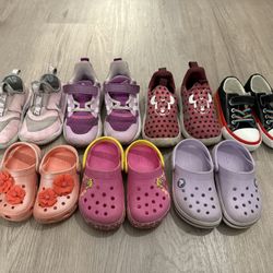 7 Pairs Of Girls Shoes Crocs Adidas Nike Sizes 6 8 9 9.5 Kids Youth Sneakers Tennis Shoes