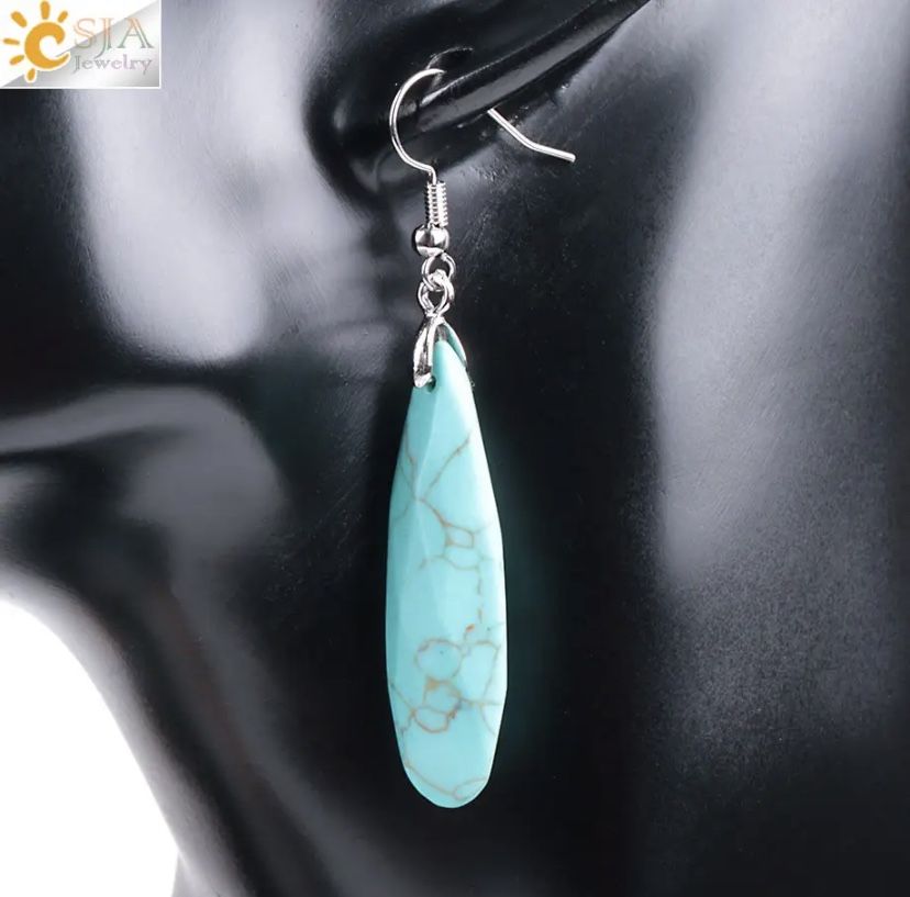 Natural Stone Earrings Reiki Gem Stone Beads Turquoise Color Dangle Hook Drop Earring Vintage Polygon 5 Color for Female Jewelry E941   Message me if 