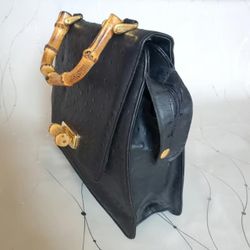 Vintage Faux Ostrich Bamboo Handle Bag Waldes Spain Black Crossbody Flawless