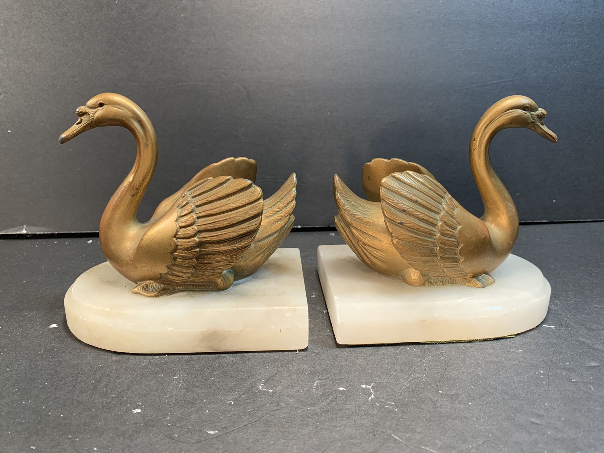 Vintage Cast-Metal/White-Marble Swan Bookends