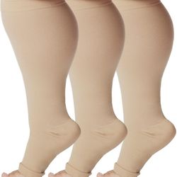  (3 Pairs) Toeless Graduated Support Opaque Compression Knee High Socks for Women and Men 20-30mmHg | For Varicose Veins, Pregnancy, Edema - XL Size